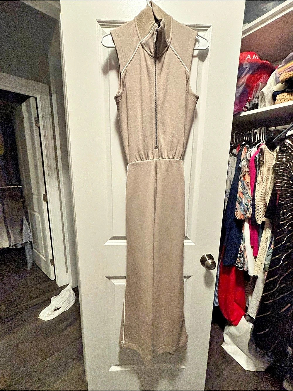 SPANX AirEssentials Shawl Collar Half Zip Jumpsuit Beige Small